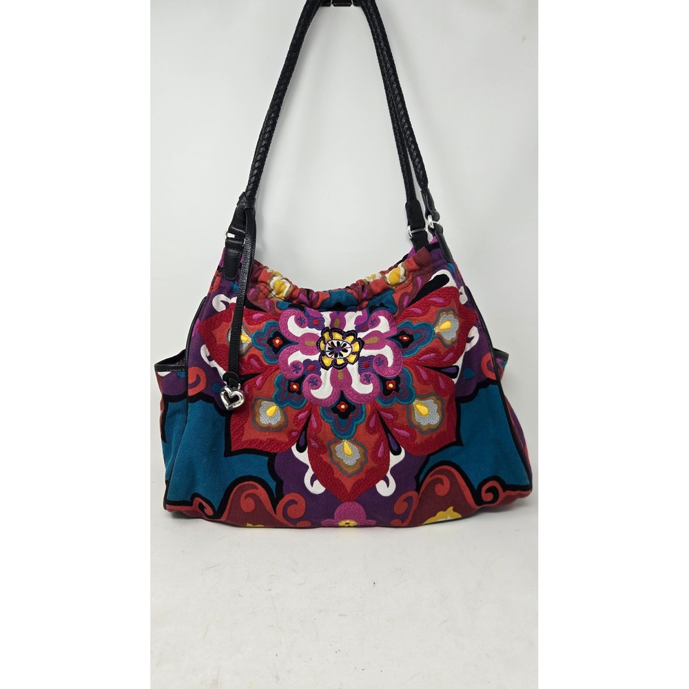 Brighton Floral Mandala Canvas Hobo Bag Multi Color Braided Leather Straps Heart